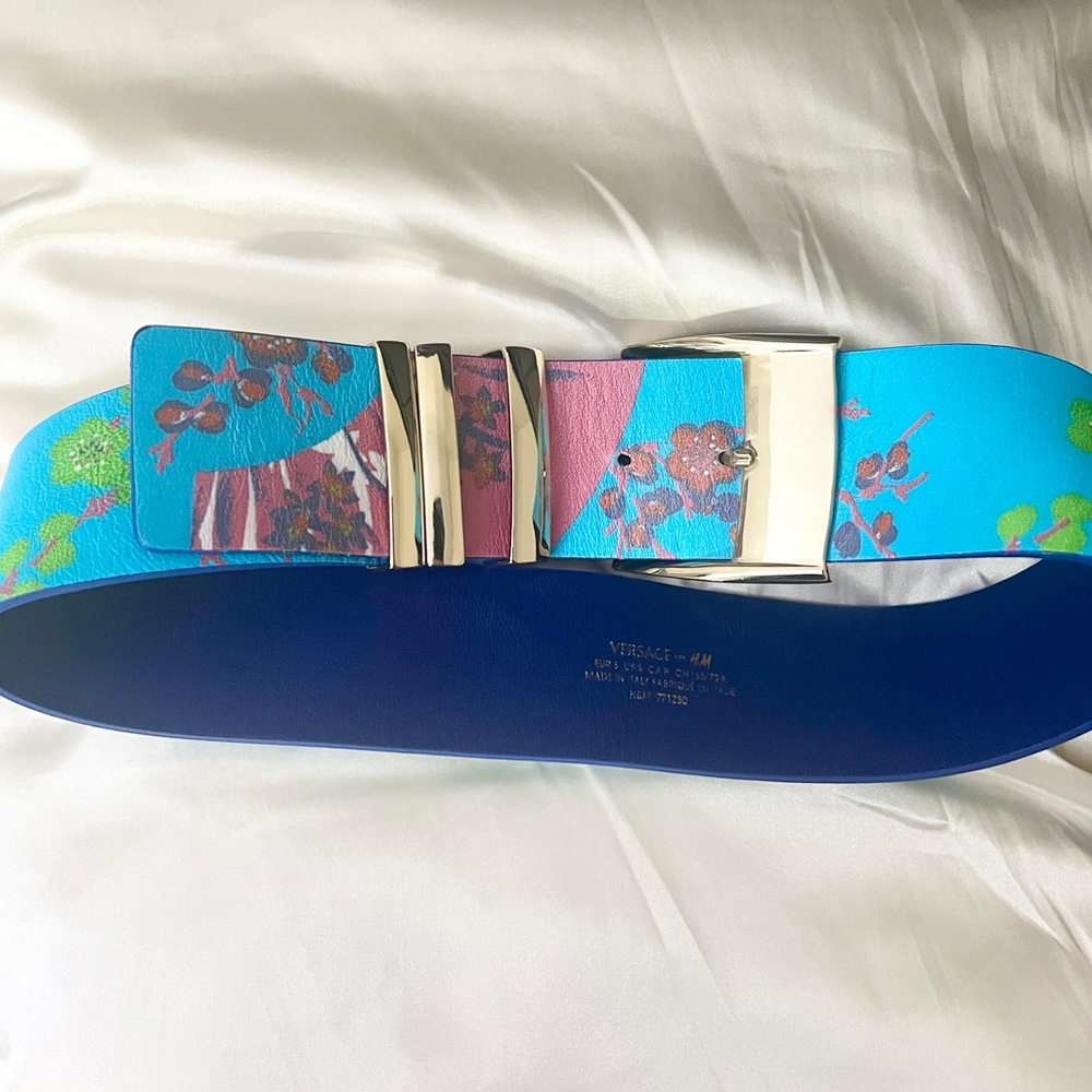 VERSACE Wide Multicolour Floral Flower Royal Blue Pink Green Leather BELT & BAG